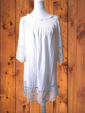 Lise Charmel Women's Large White Off Shoulder Mini Dress Tunic Lace Pullover